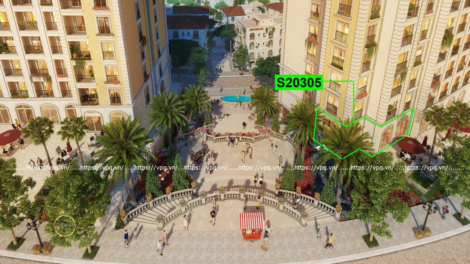 Vị trí căn hộ khối đế S20305 hướng vào trong bên cạnh Spanish Steps