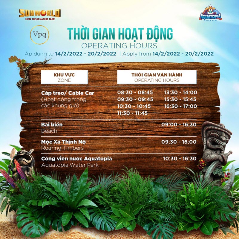 Thời gian vận hành Sun World Hon Thom Nature Park