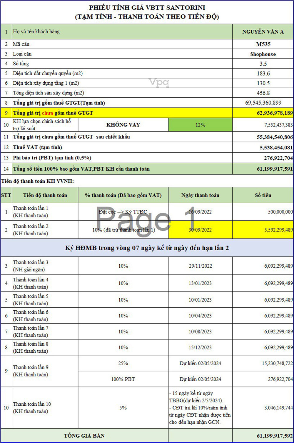 Phiếu tính giá VBTT khách hàng thanh toán theo tiến độ