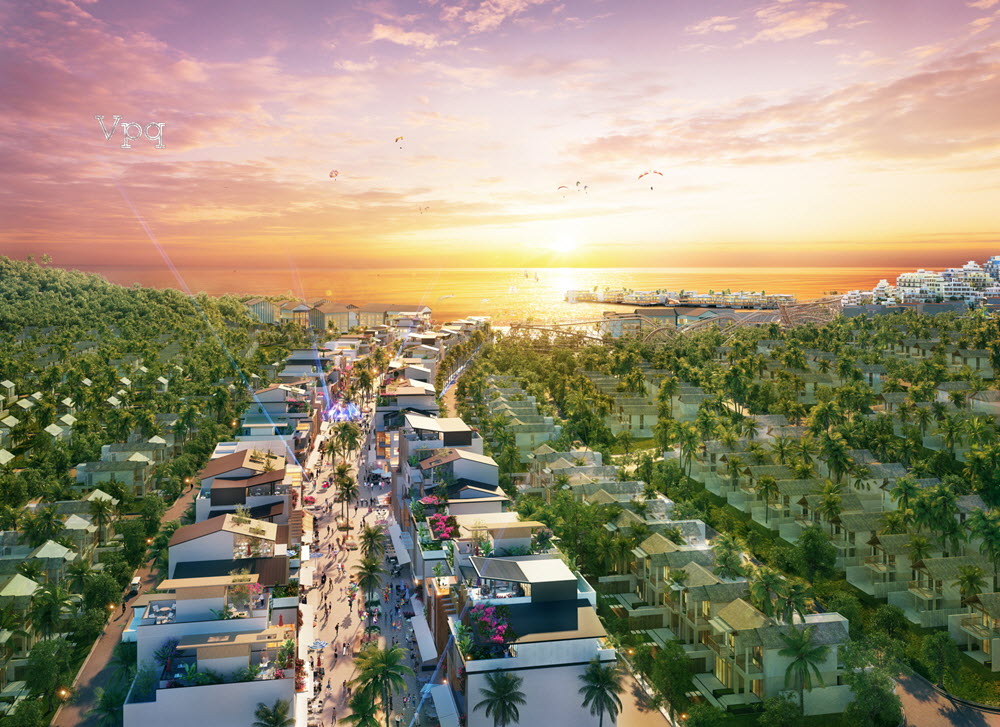 H&igrave;nh ảnh phối cảnh nh&agrave; phố thương mại Paradise Walk khi ho&agrave;ng h&ocirc;n bu&ocirc;ng xuống