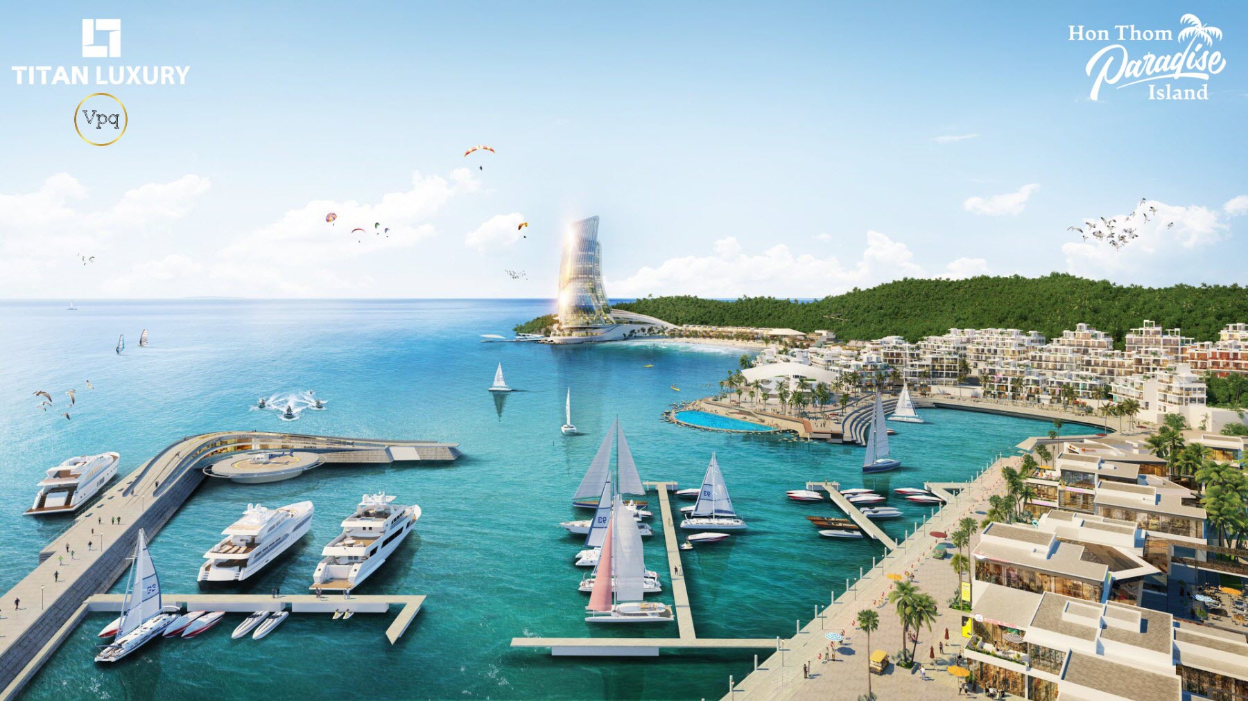 Từ vịnh du thuyền The Marina sẽ ngắm được to&agrave;n cảnh Sun Iconic Hub Hon Thom Paradise Island