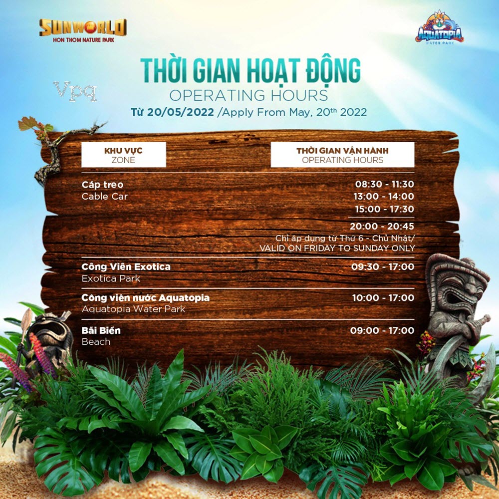 Thời gian hoạt động Sun World Phu Quoc