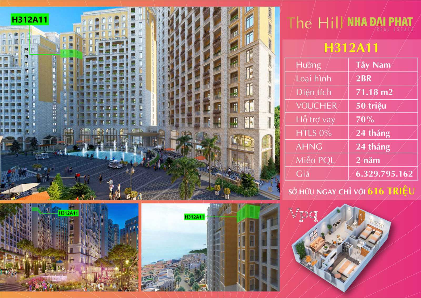 Căn hộ Hillside H312A11 ph&acirc;n khu The Hill