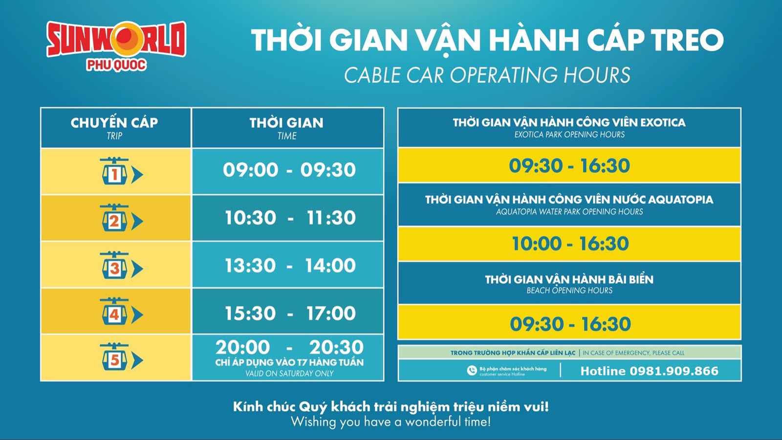 Thời gian vận h&agrave;nh c&aacute;p treo H&ograve;n Thơm v&agrave; Sun World Hon Thom