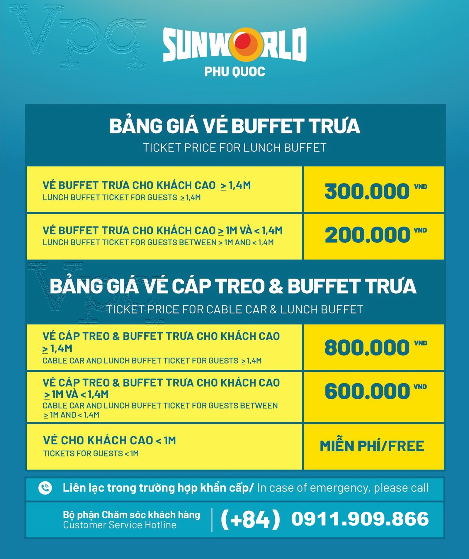 Bảng gi&aacute; v&eacute; C&aacute;p treo + buffet Sun World Hon Thom