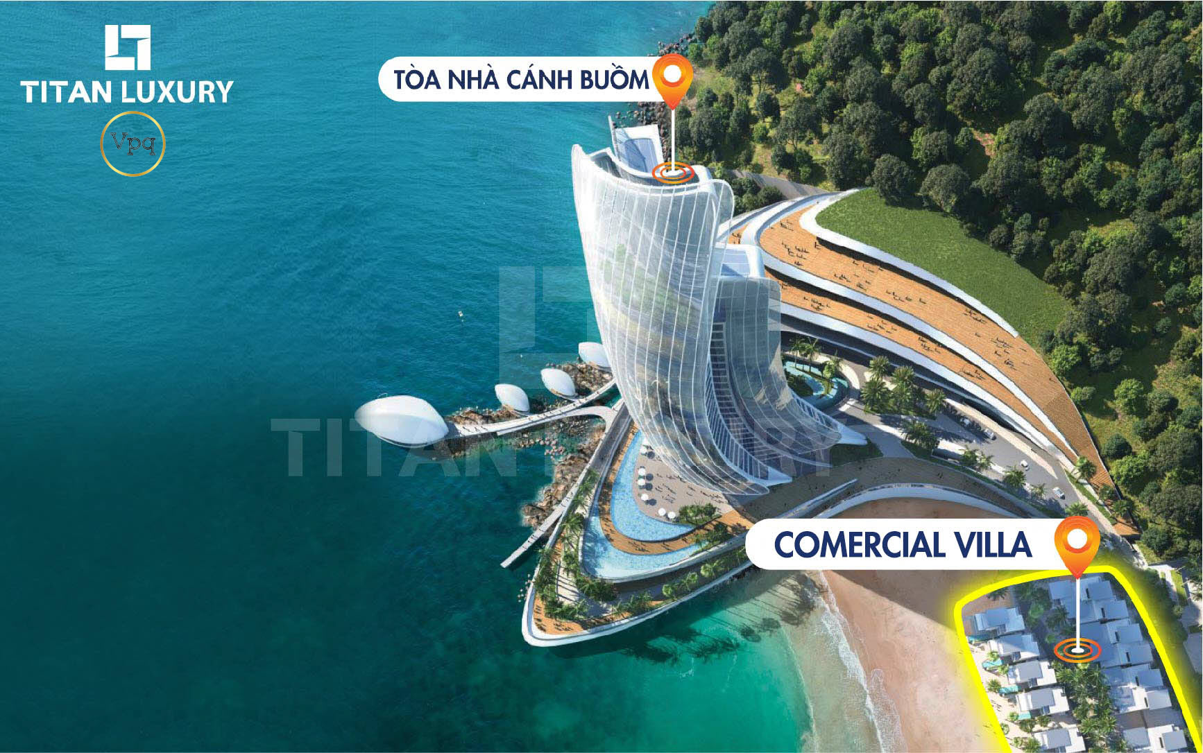 Biệt thự Comercial Villas tiếp giáp với tòa nhà Cánh Buồm biểu tượng của Hòn Thơm