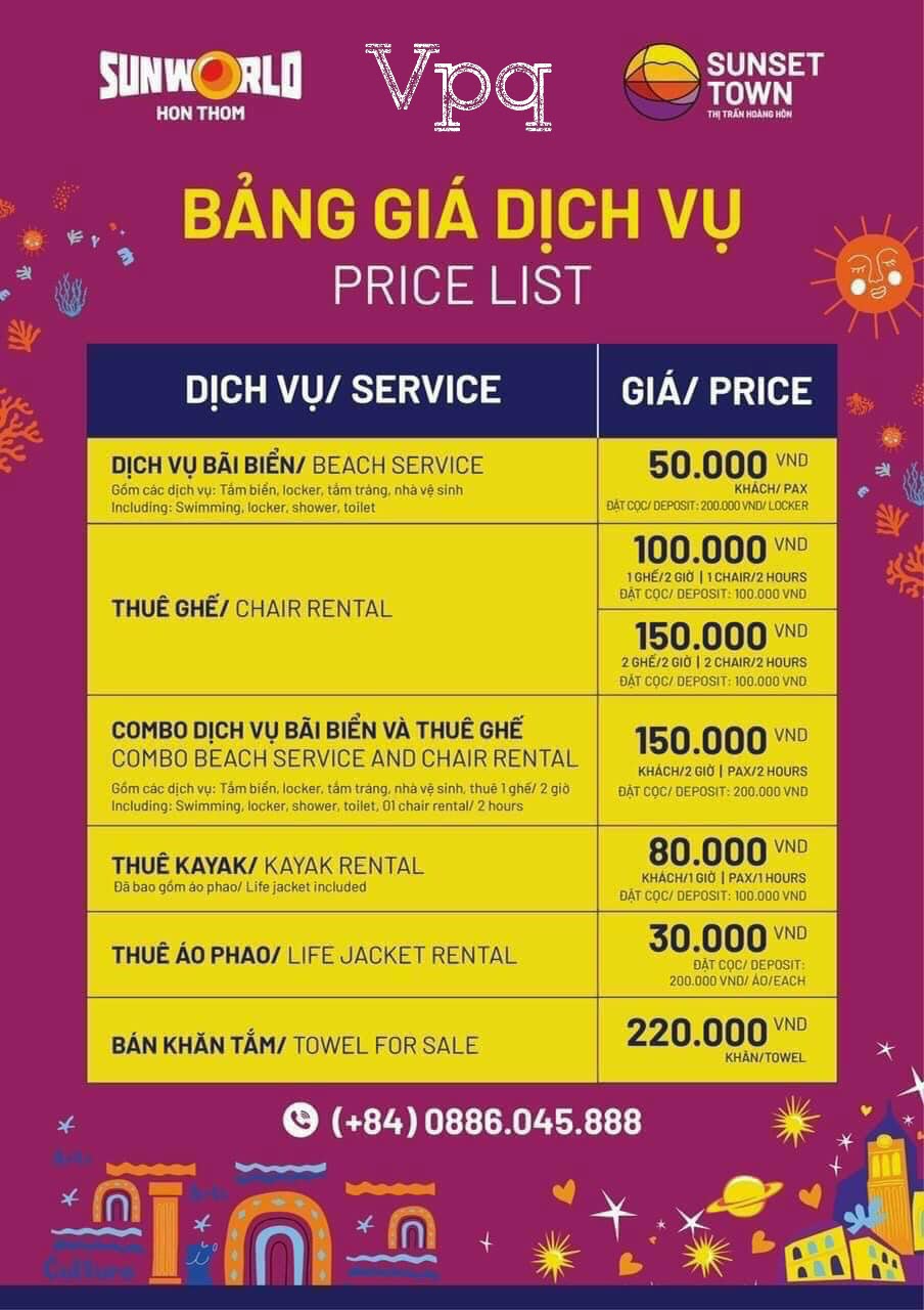 Bảng gi&aacute; dịch vụ b&atilde;i biển Sunset Town