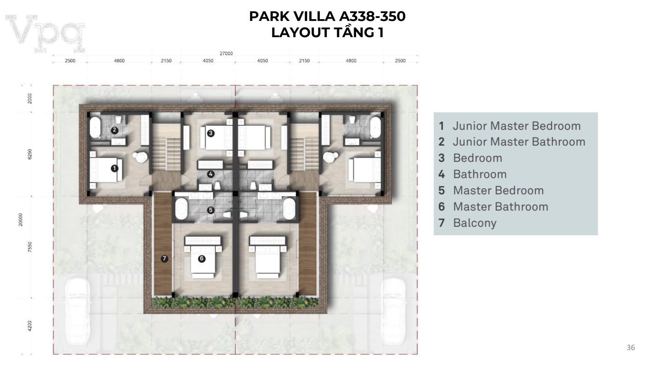 Layout ph&ograve;ng Park Villa A338-A350 tầng 1