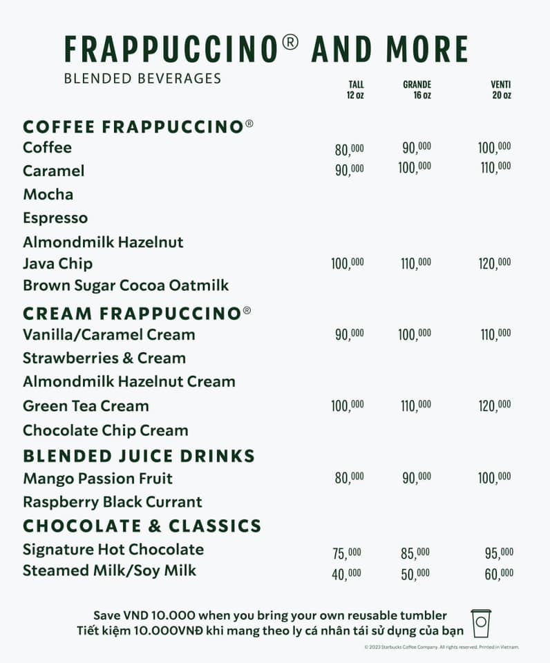 Menu Frappuccino Starbucks Phu Quoc