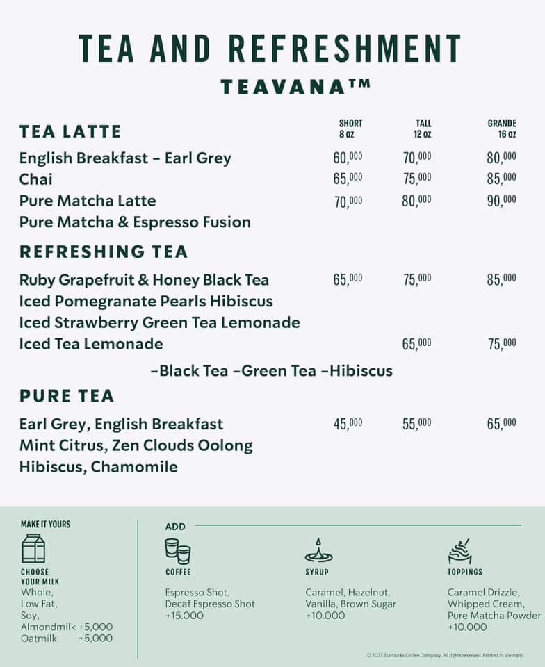 Menu Teavana Teas Starbucks Phu Quoc