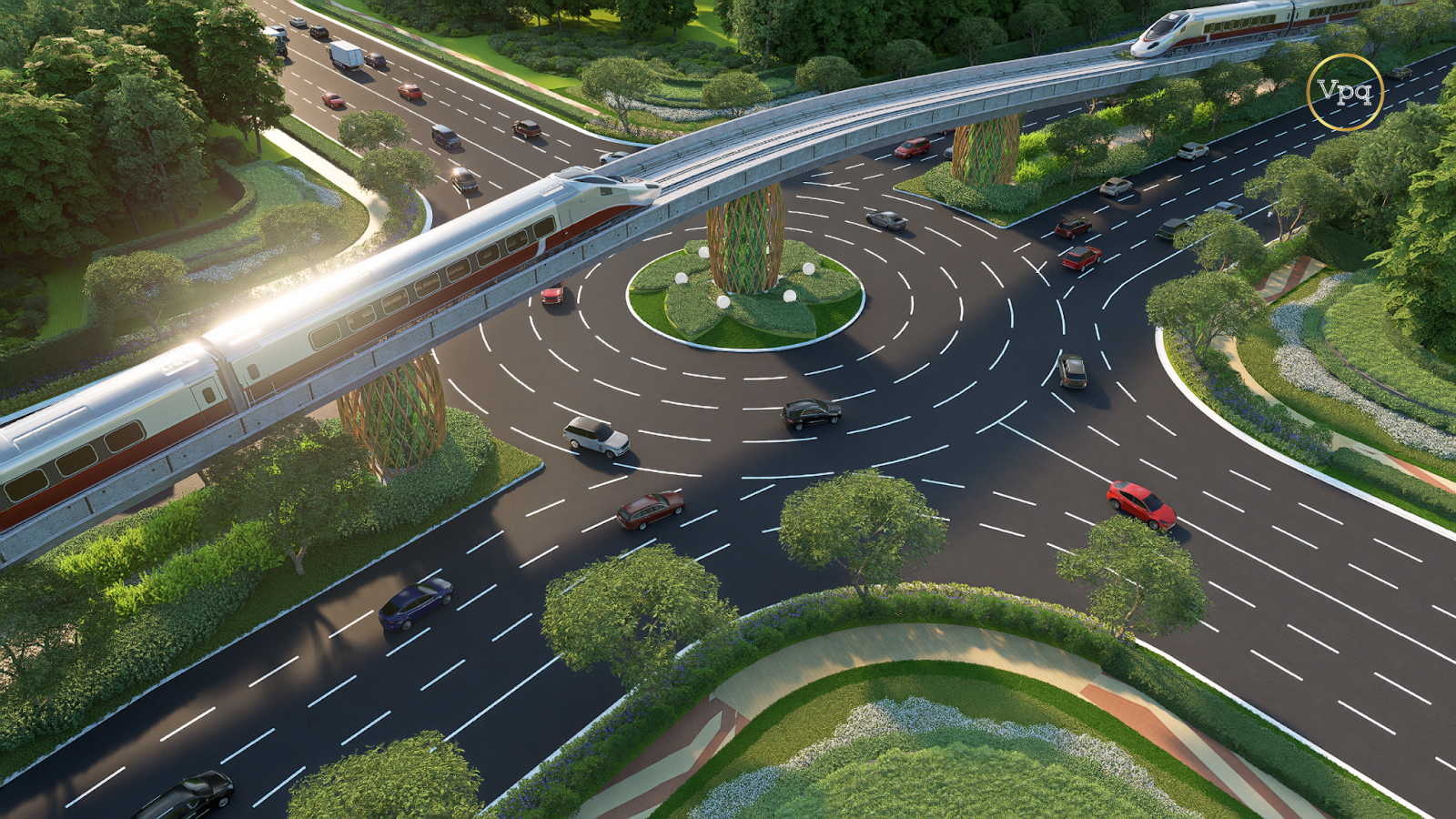 Phối cảnh tuyến t&agrave;u điện LRT tr&ecirc;n cao đi qua n&uacute;t giao v&ograve;ng xuyến
