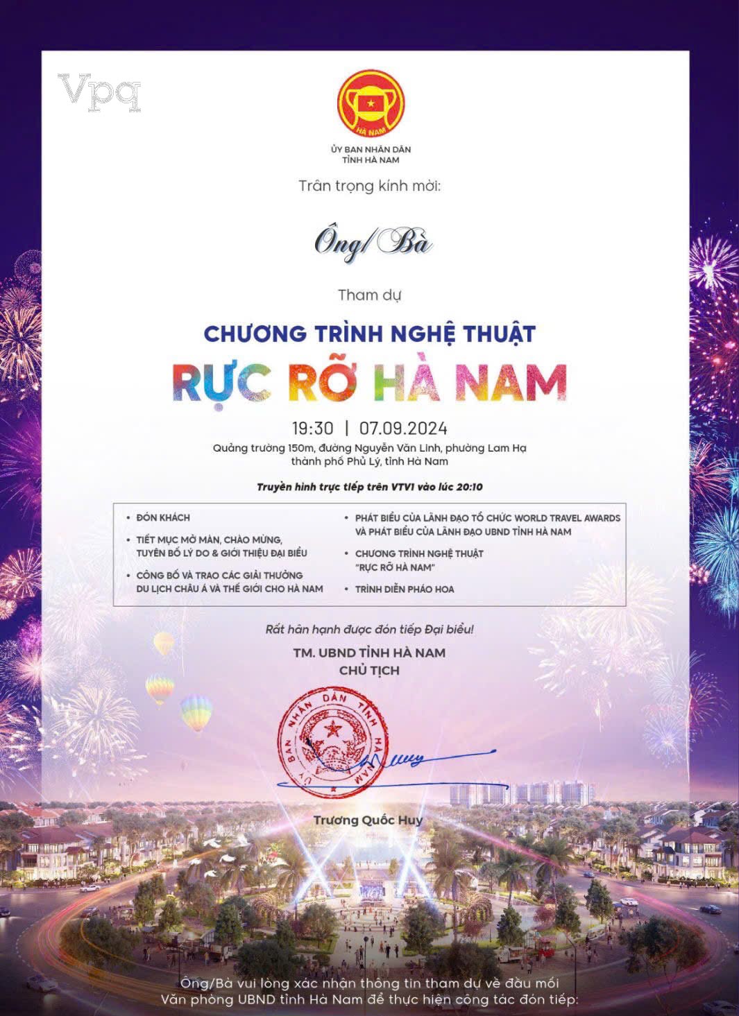 Thư mời sự kiện Rực Rỡ Hà Nam ngày 7/9/2024