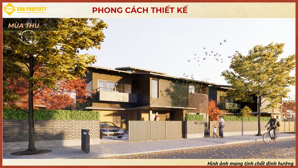Mặt tiền thiết kế biệt thự mùa thu - cây Phong tại Sun Beauty Onsen Village với hoa đào