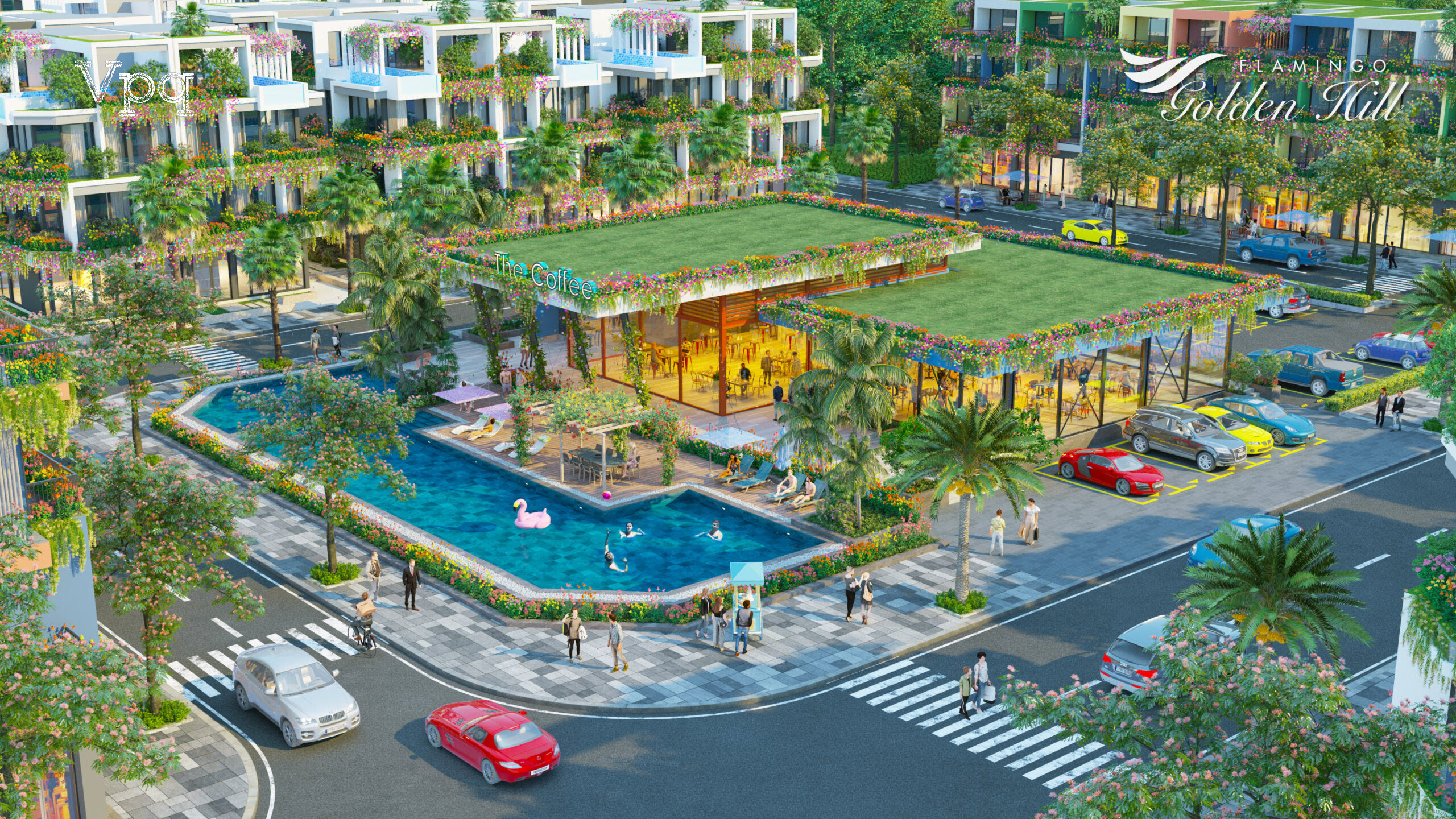 Tiện ích hồ bơi, cafe tại trung tâm khu đô thị Flamingo Golden Hill