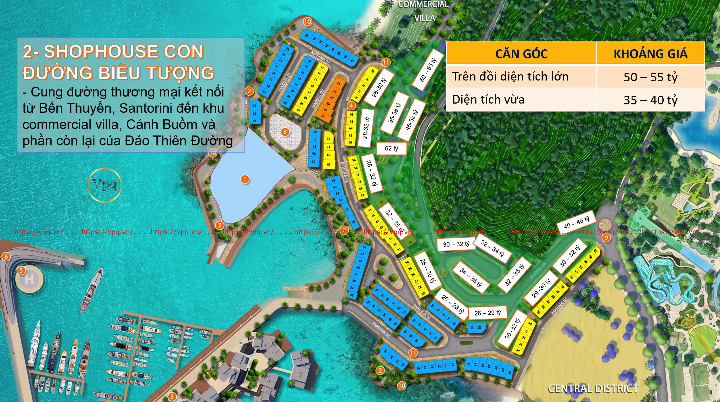 Gi&aacute; b&aacute;n Shophouse Santorini H&ograve;n Thơm nằm tr&ecirc;n cung đường v&agrave;ng kết nối sang bến du thuyền v&agrave; khu vực Commercial Villas