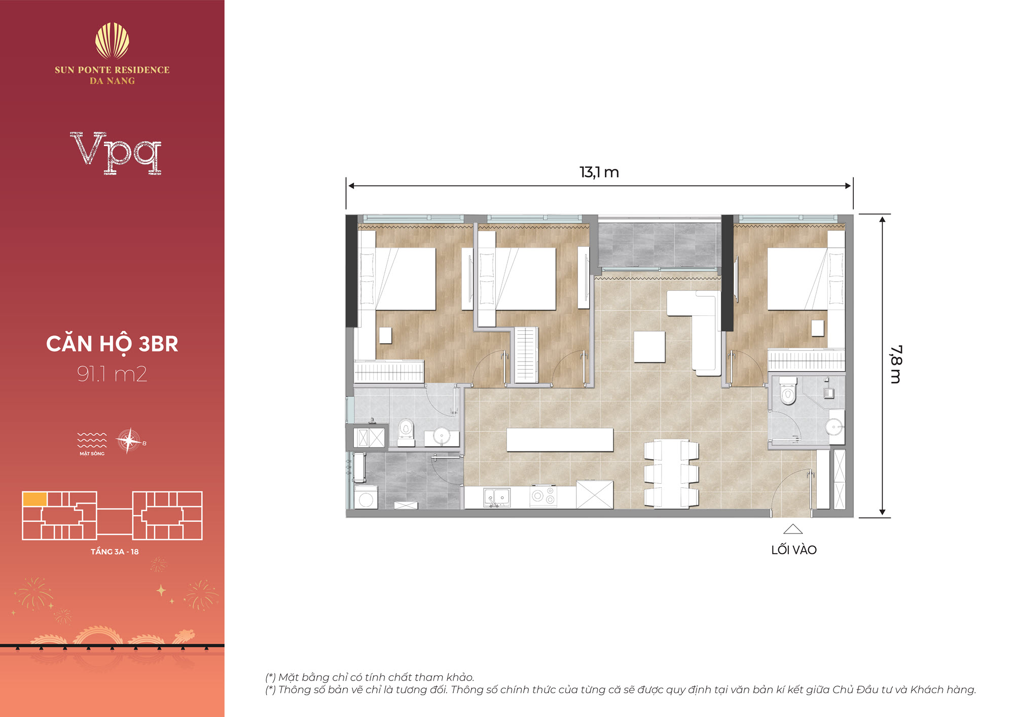 Căn hộ 3 phòng ngủ Sun Ponte Residence Da Nang