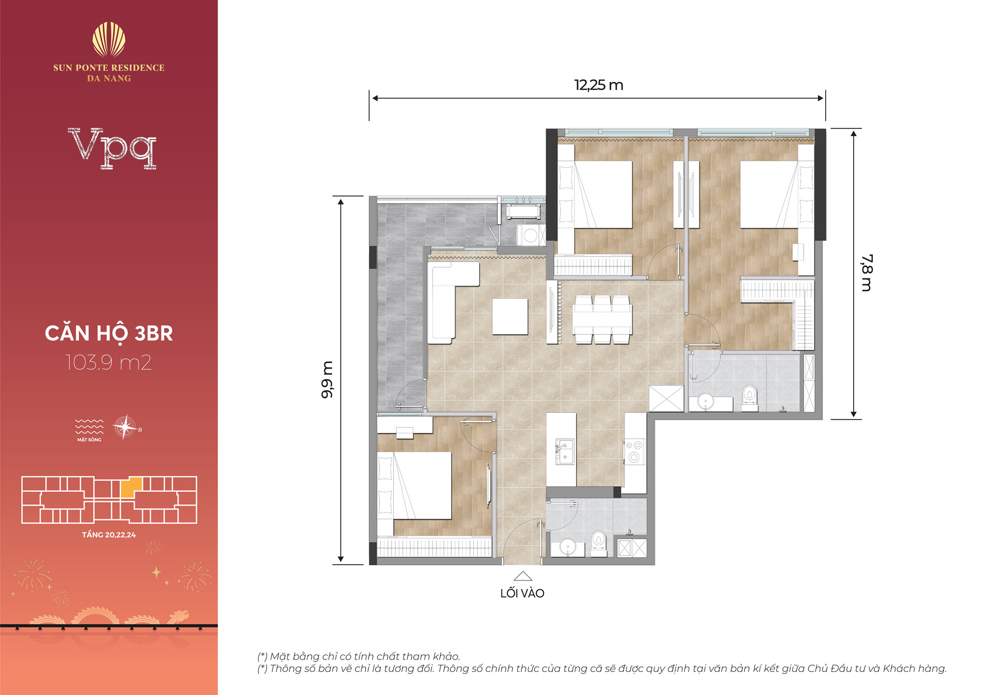 Căn hộ 3 phòng ngủ 103,9m2 Sun Ponte Residence Da Nang