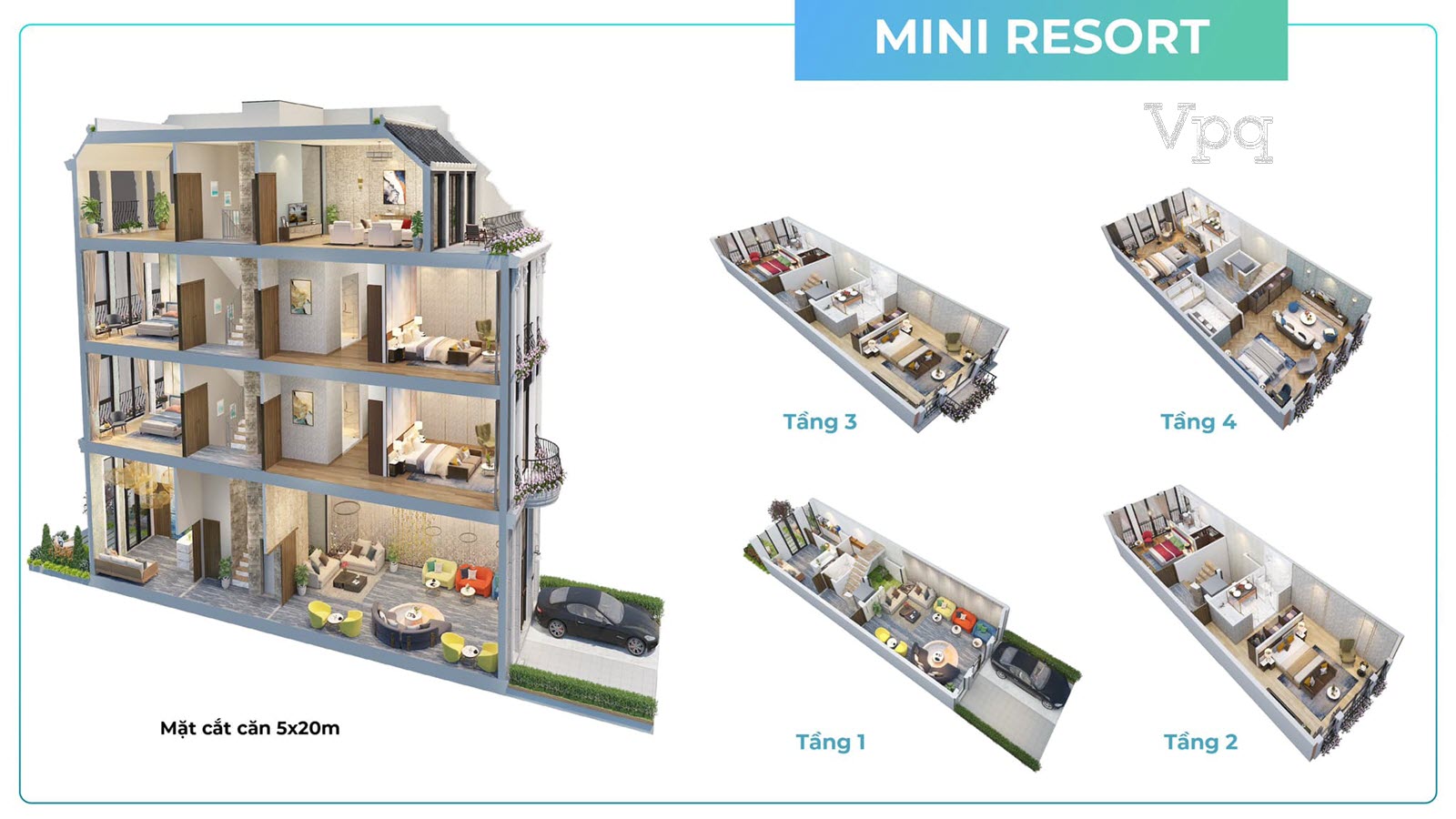 Mặt cắt layout thiết kế Shoptel 4 tầng