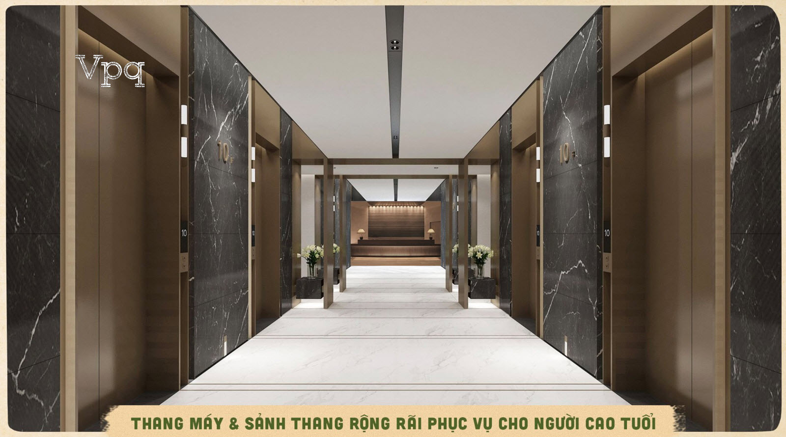 Thang m&aacute;y v&agrave; sảnh căn hộ Meraki Residences rộng d&atilde;i phục vụ cho người cao tuổi