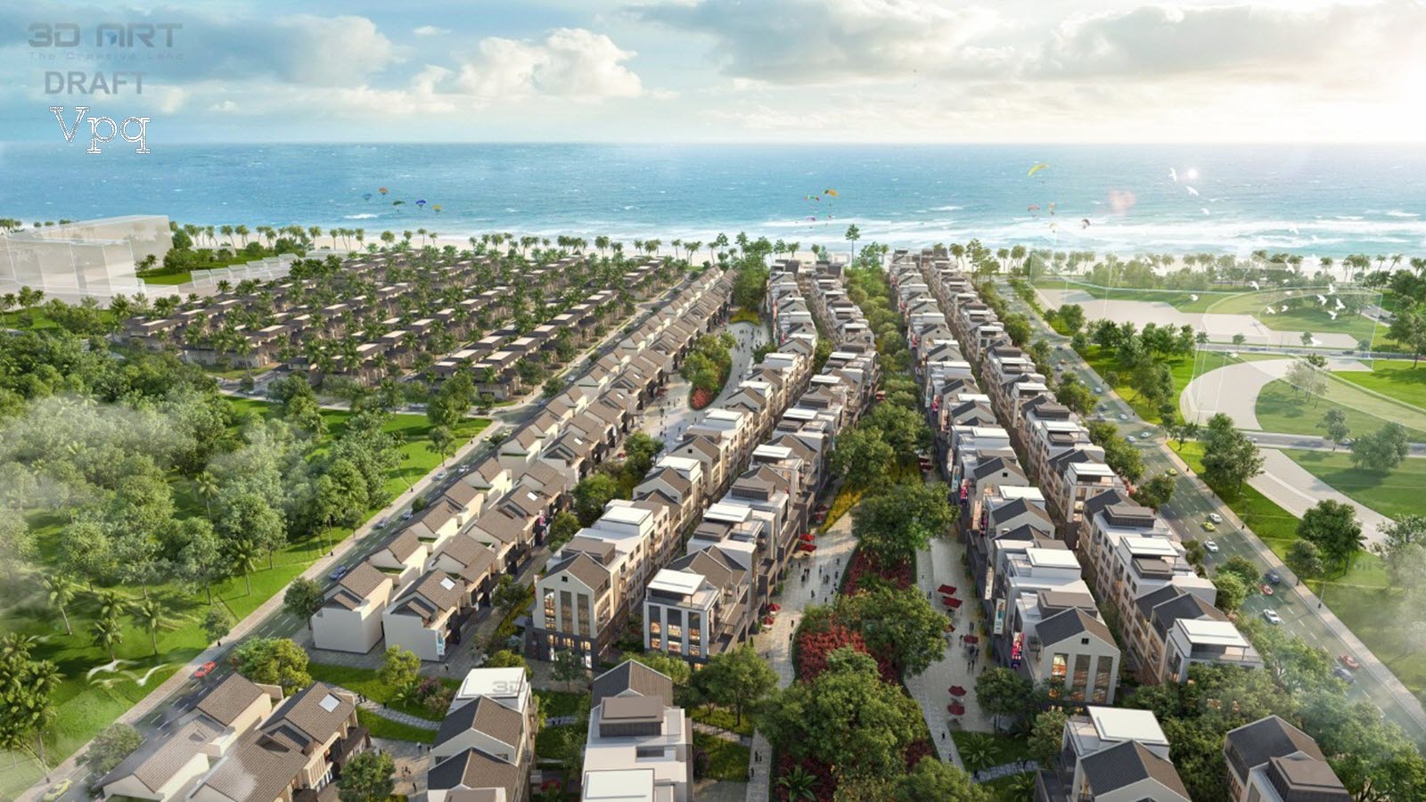 Phối cảnh mới nhất dãy Shophouse trục đường A1 - A2 - A3 phân khu The Avenue - Sun Secret Valley