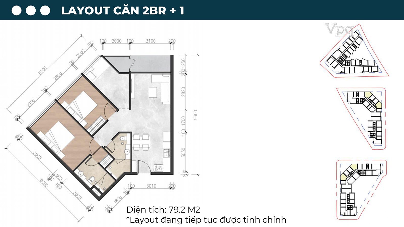 Layout căn hộ 2 ph&ograve;ng ngủ + 1 Sun Riva Vista