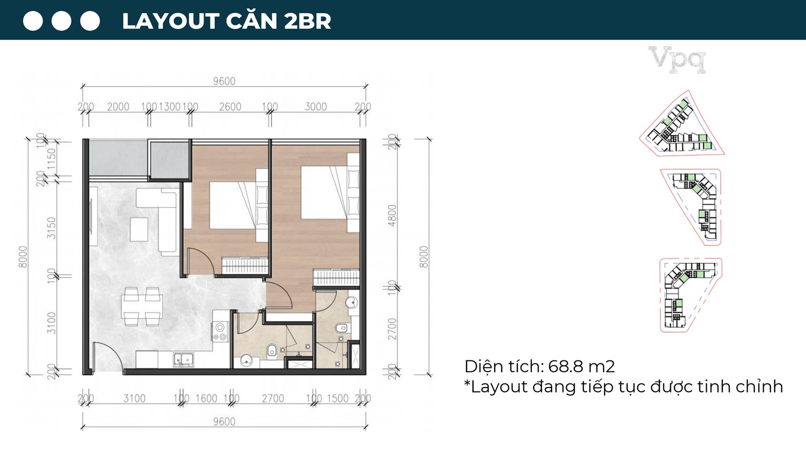 Layout căn hộ 2 ph&ograve;ng ngủ Sun Riva Vista