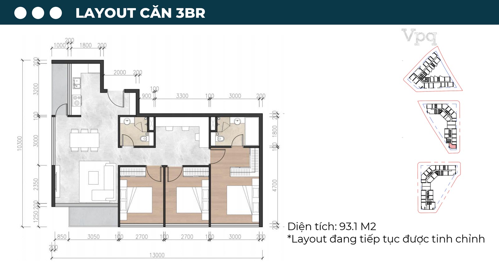 Layout căn hộ 3 ph&ograve;ng ngủ Sun Riva Vista