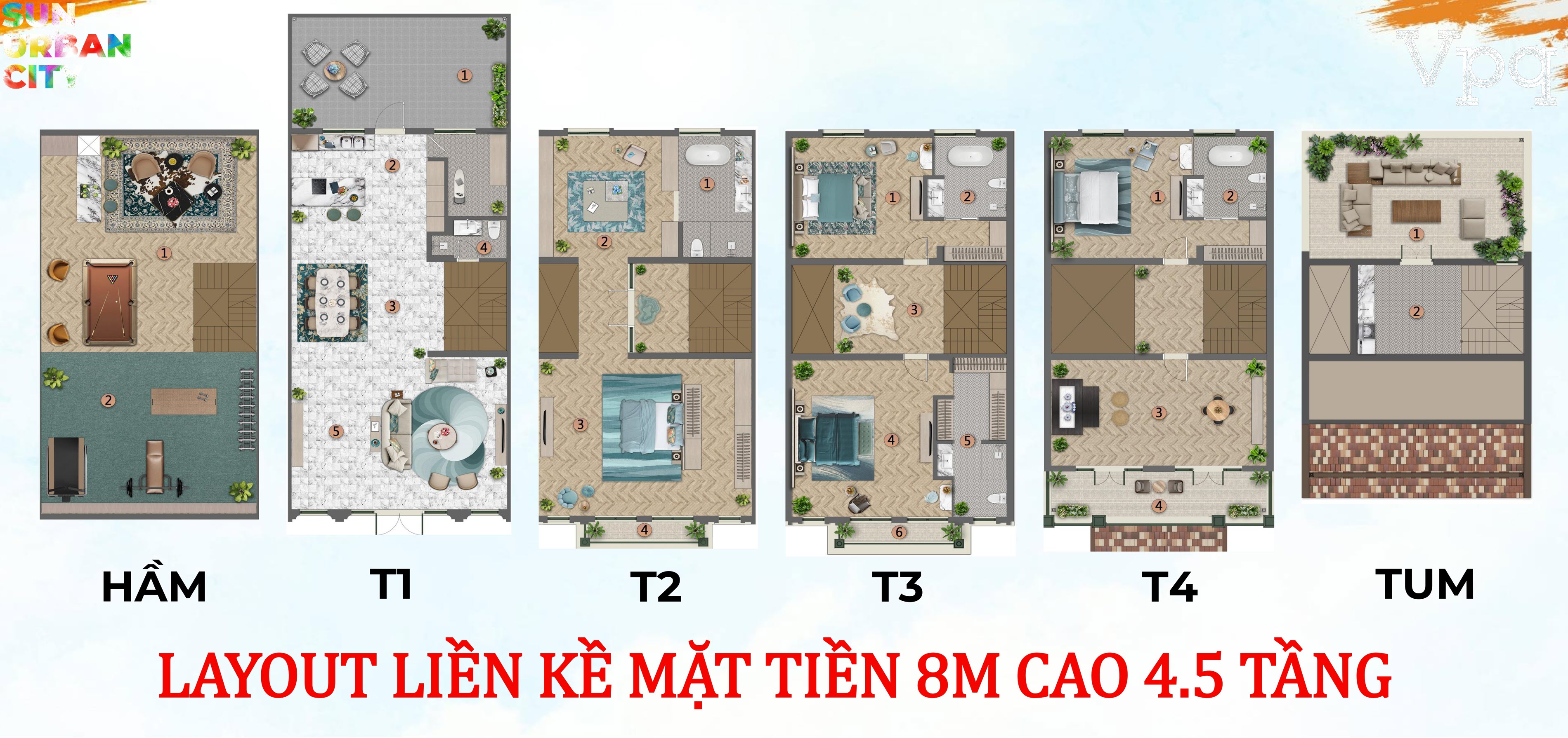 Layout nhà phố Townhouse mặt tiền 8m