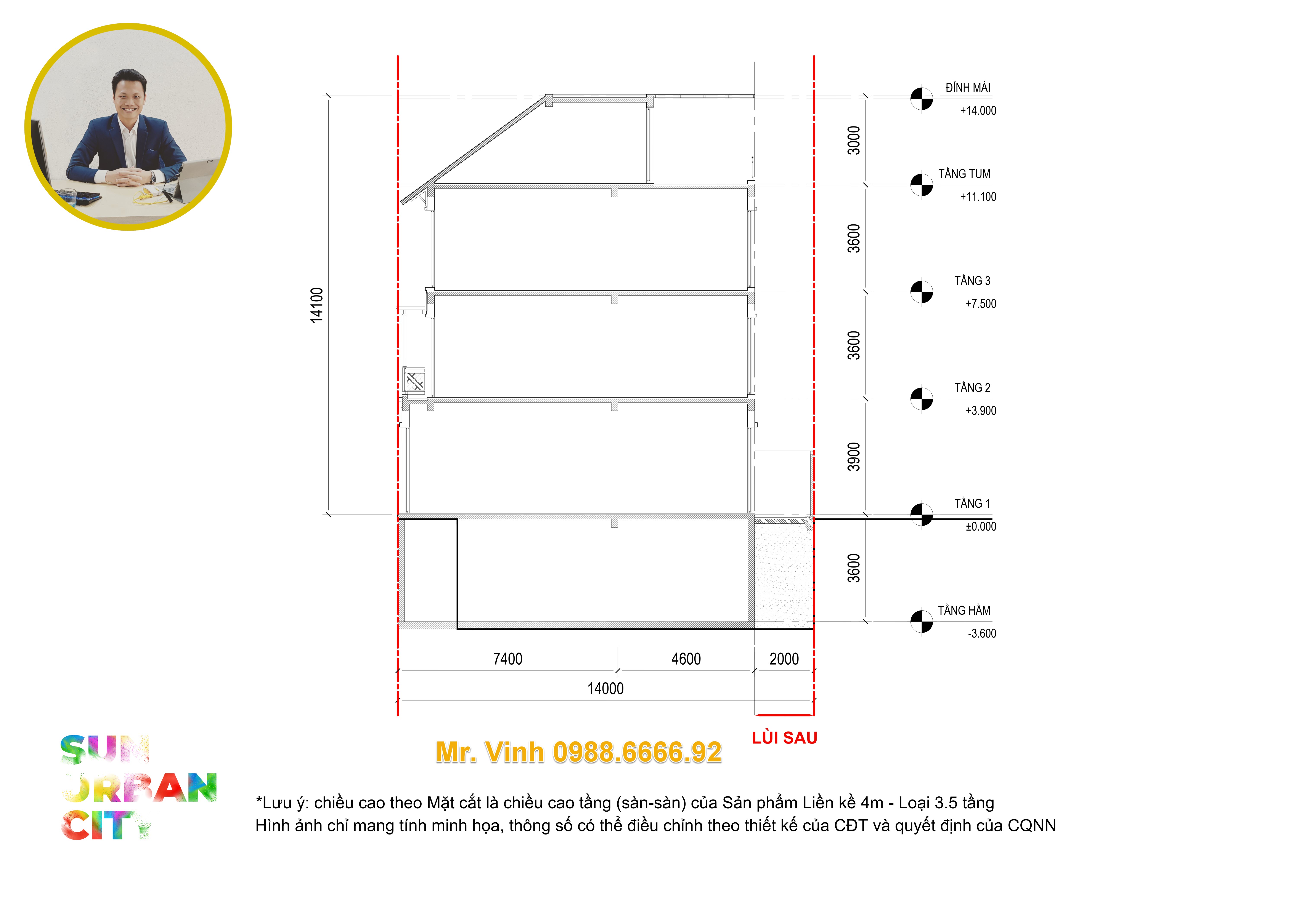 Chiều cao nh&agrave; phố liền kề mặt tiền 4m cao 3.5 tầng