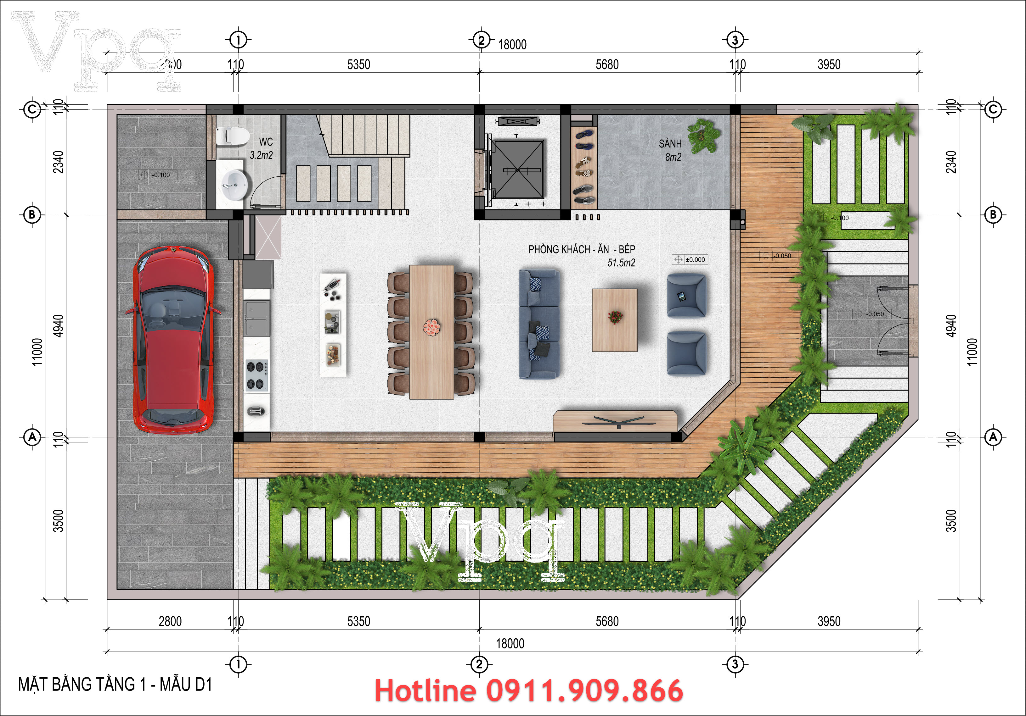 Thiết kế tầng 1 biệt thự Flamingo Golden Hill - Mẫu D1