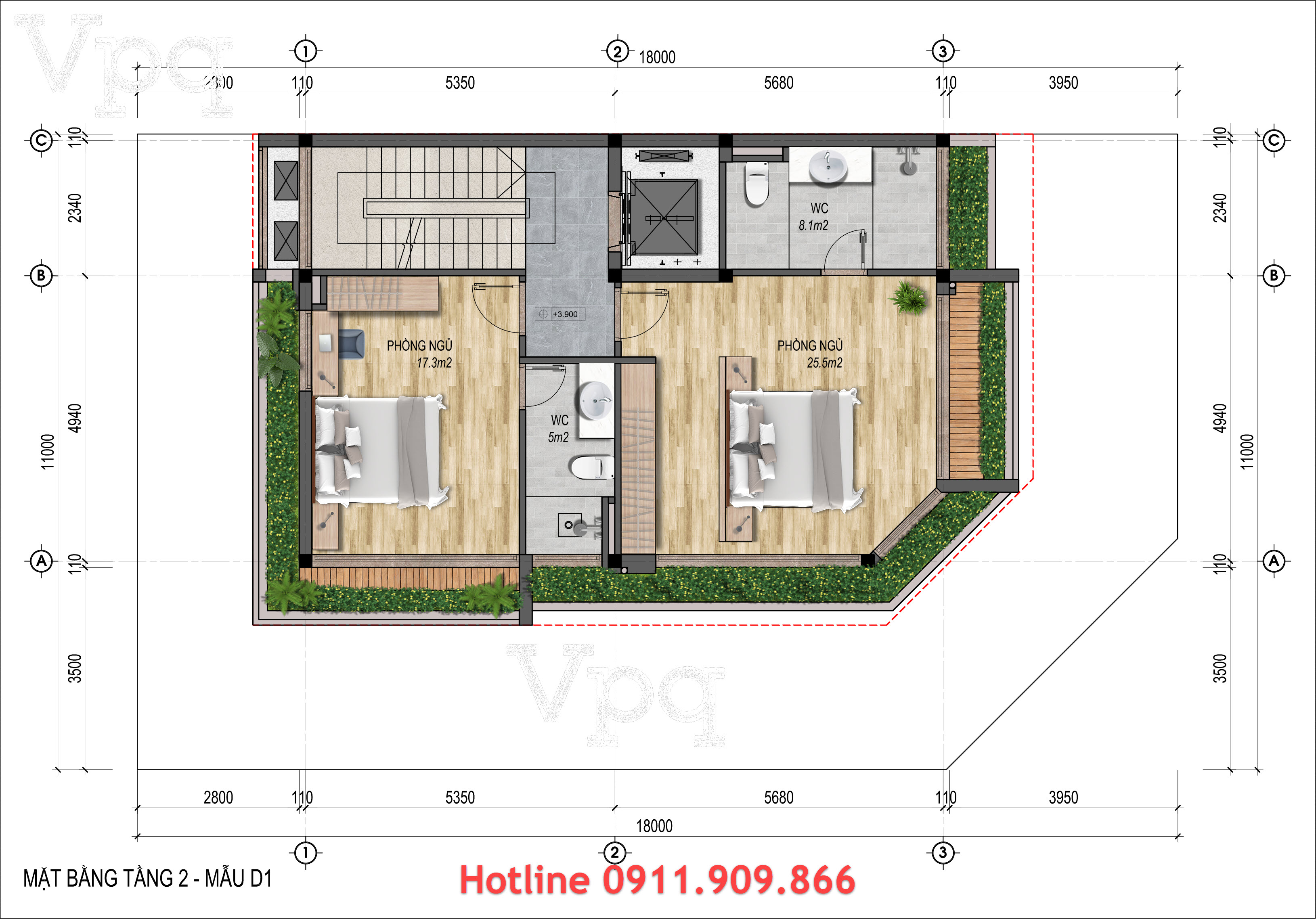 Thiết kế tầng 2 biệt thự Flamingo Golden Hill - Mẫu D1