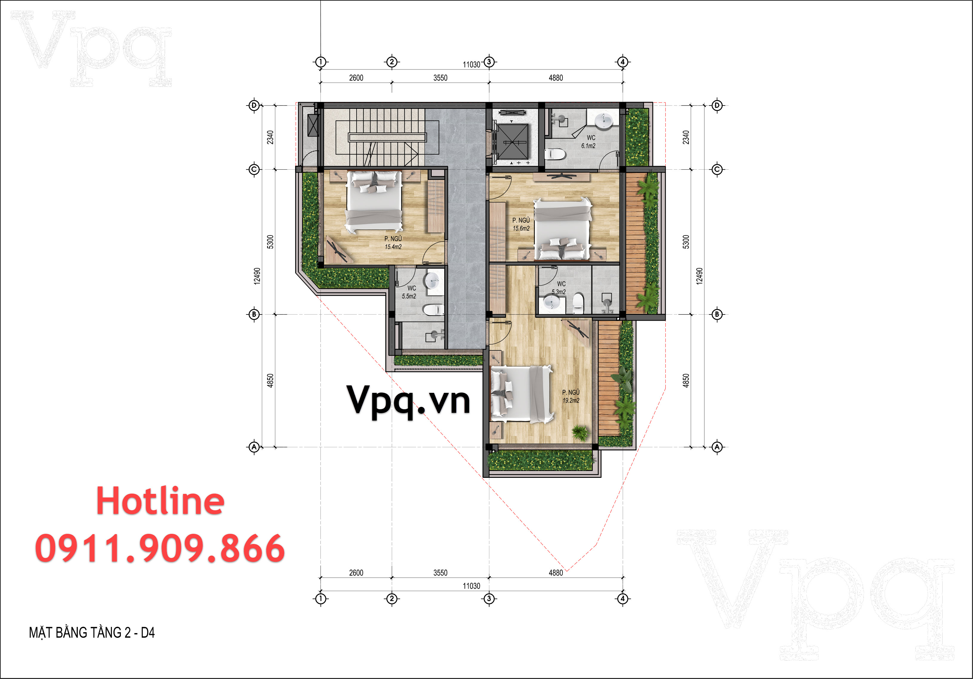 Thiết kế tầng 2 biệt thự Flamingo Golden Hill - Mẫu D4