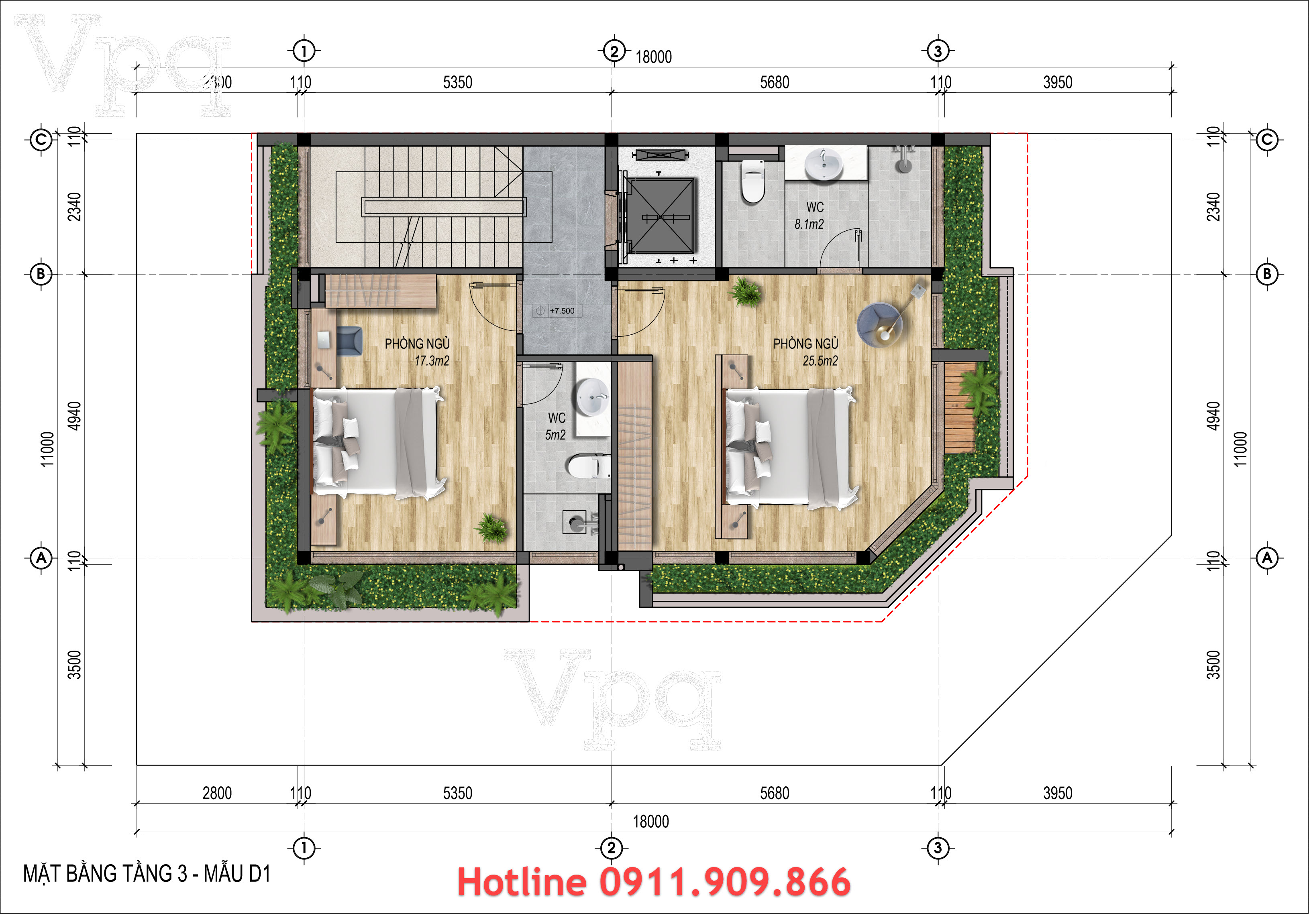 Thiết kế tầng 3 biệt thự Flamingo Golden Hill - Mẫu D1