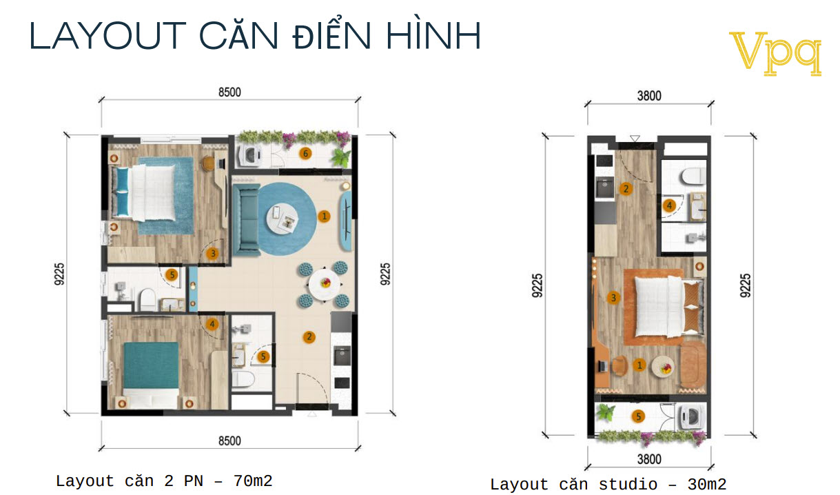Layout căn hộ The Sunset 2 ph&ograve;ng ngủ v&agrave; studio