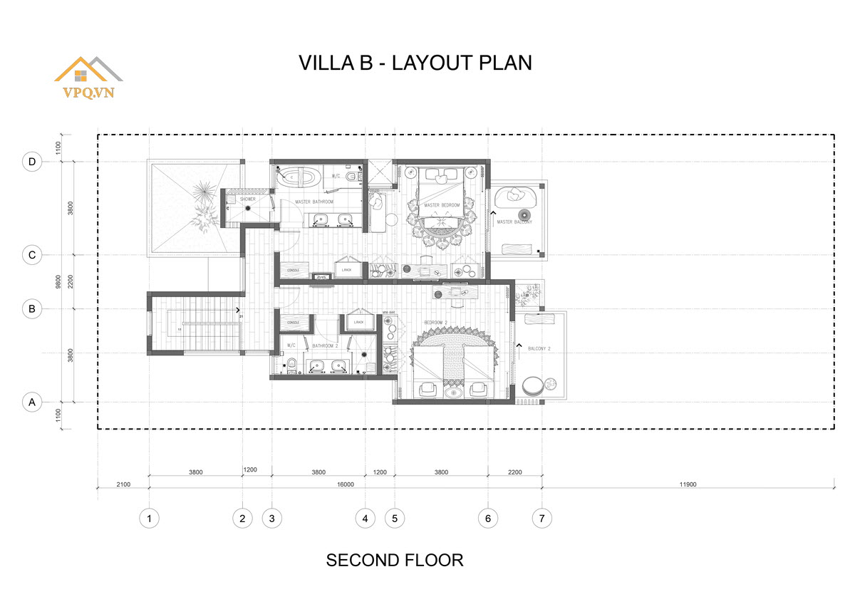 Layout tầng 2 Mẫu B Biệt thự bãi Kem
