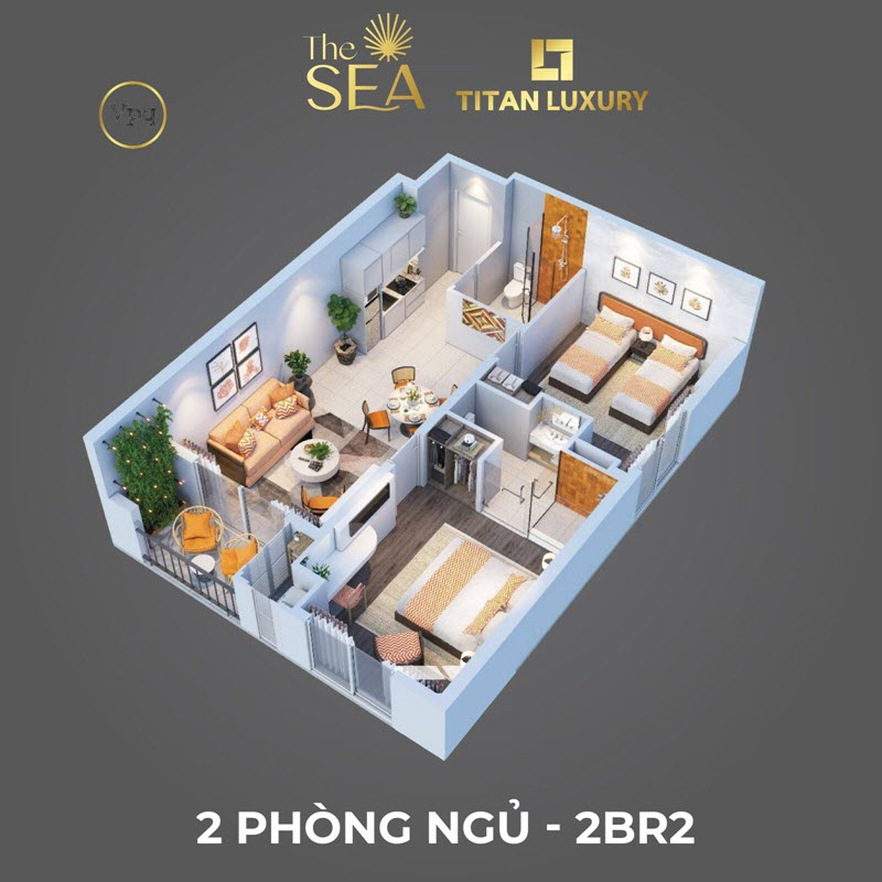 Layout điển hình căn hộ 2 phòng ngủ The Sea Hillside