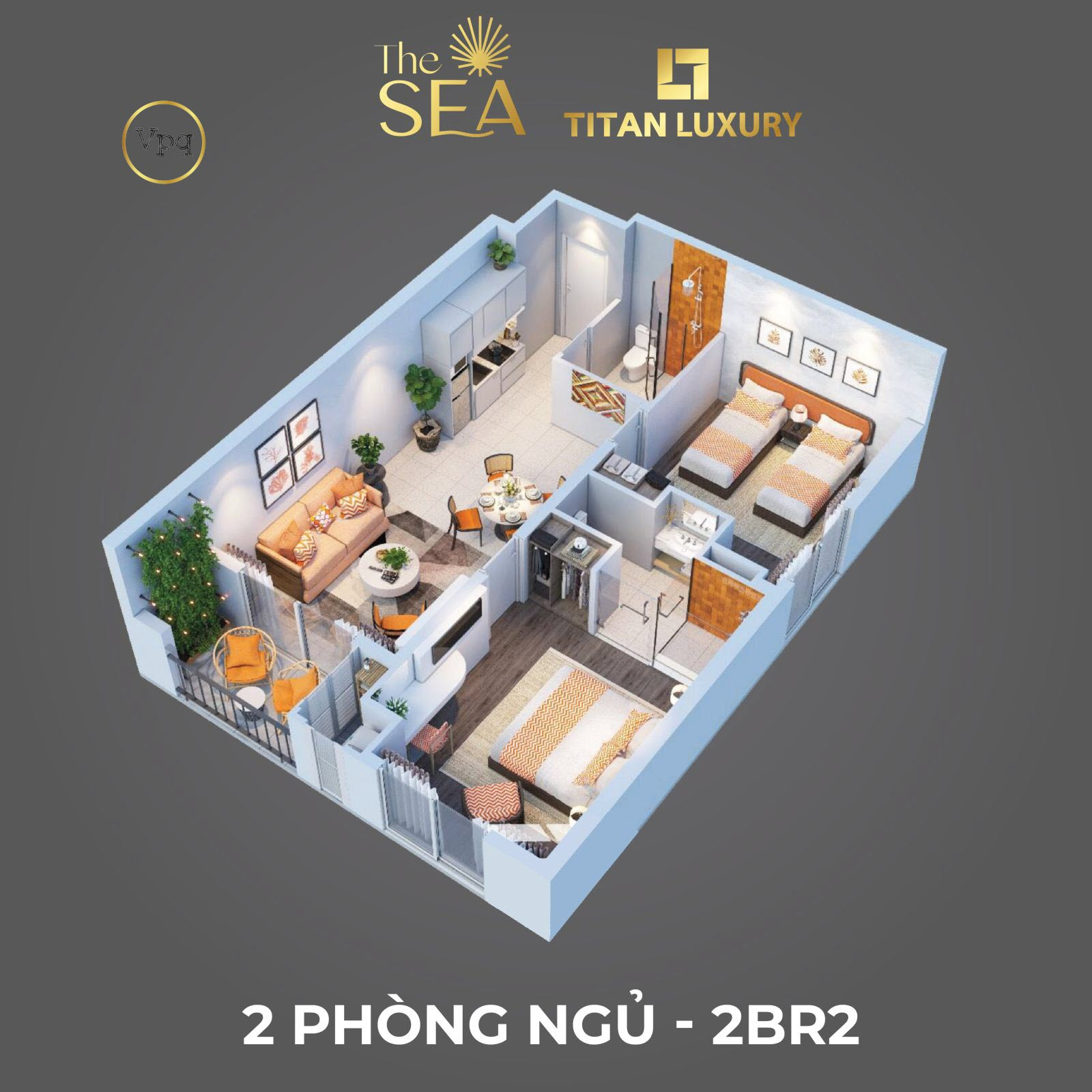 Layout phối cảnh 3D nội thất căn hộ 2 ngủ The Sea Hillside