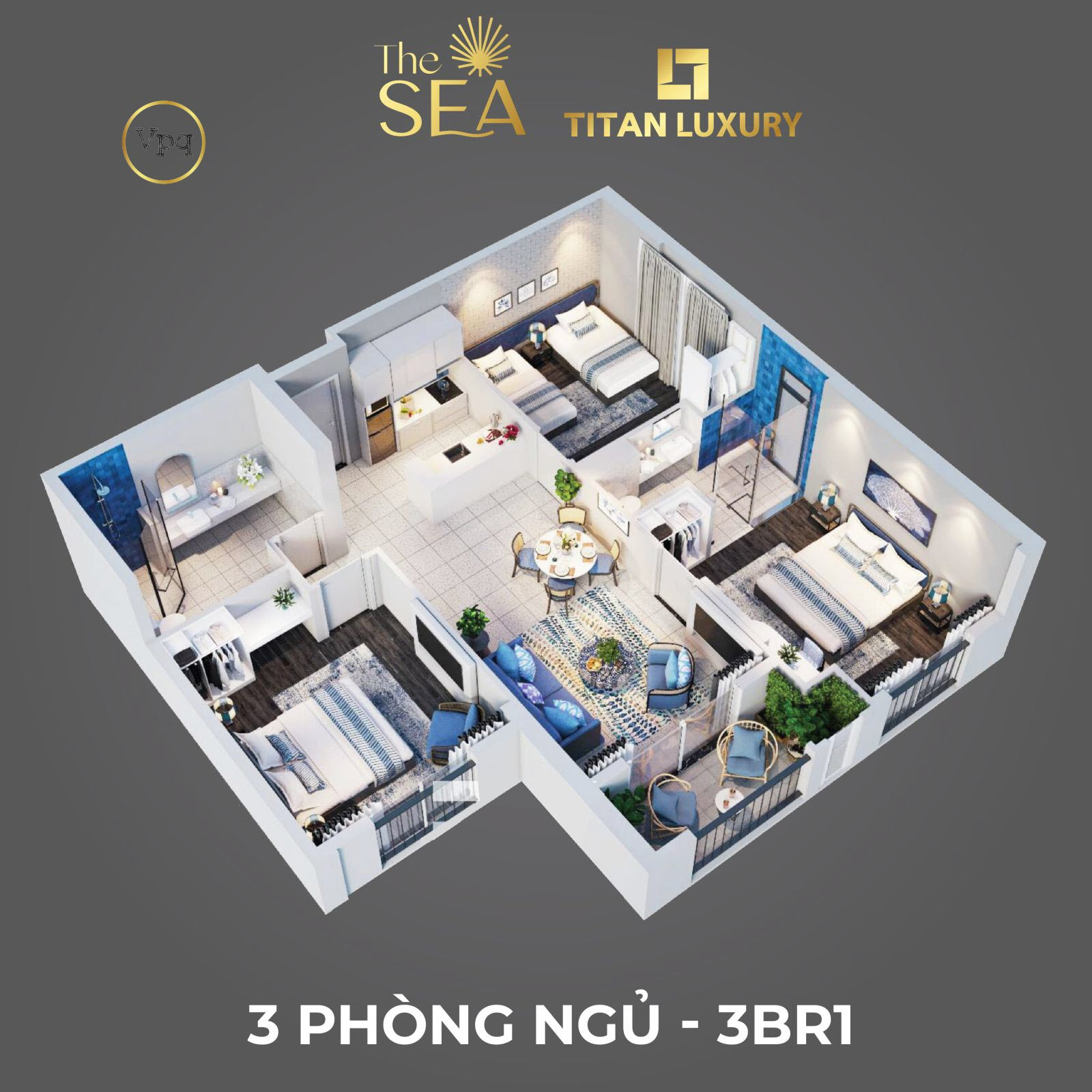3 phòng ngủ The Sea số lượng giới hạn diện tích: 96,32m - 96,8m (thông thủy)