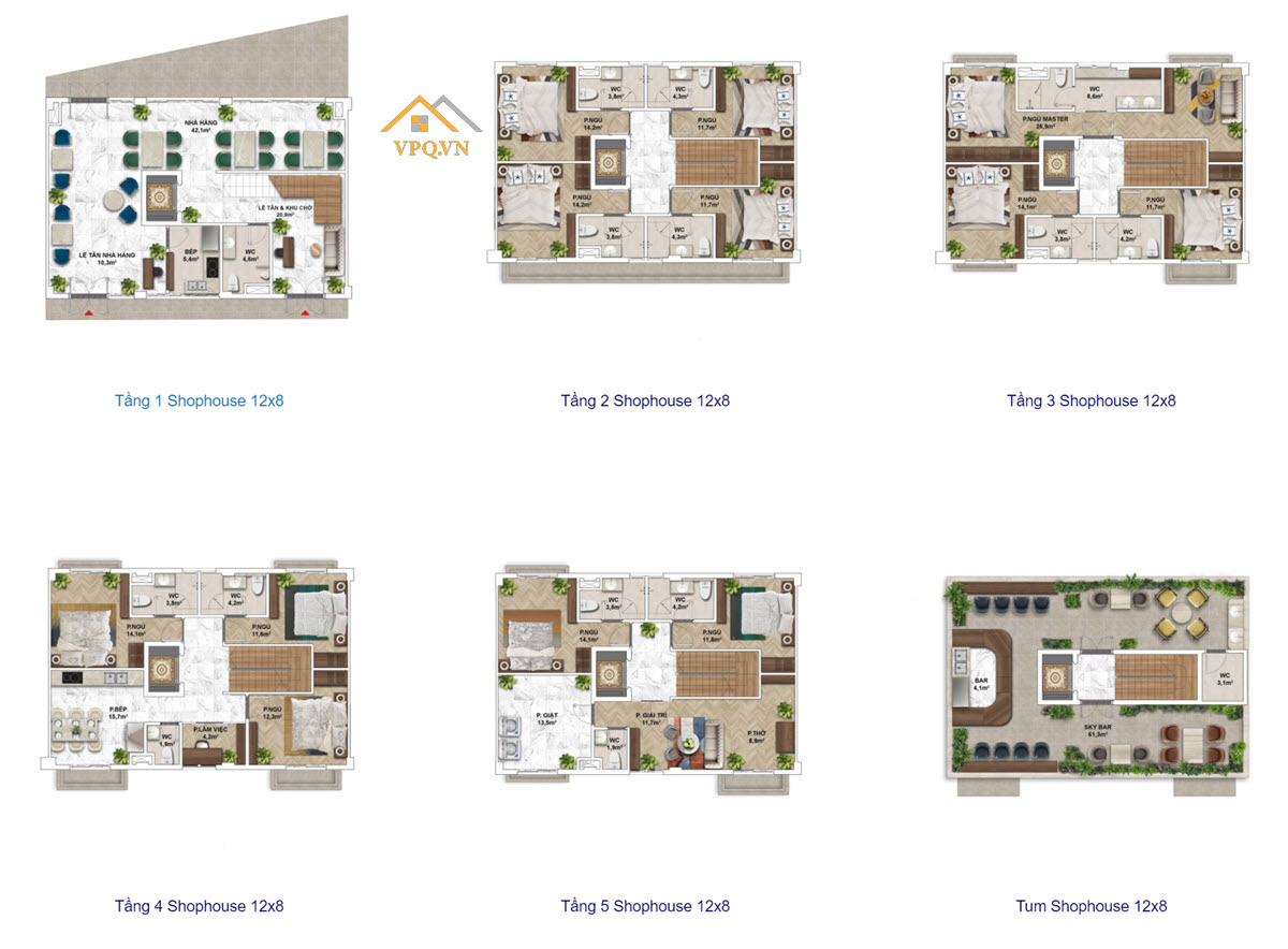 Layout điển hình mặt tiền 12m của Shophouse Địa Trung Hải