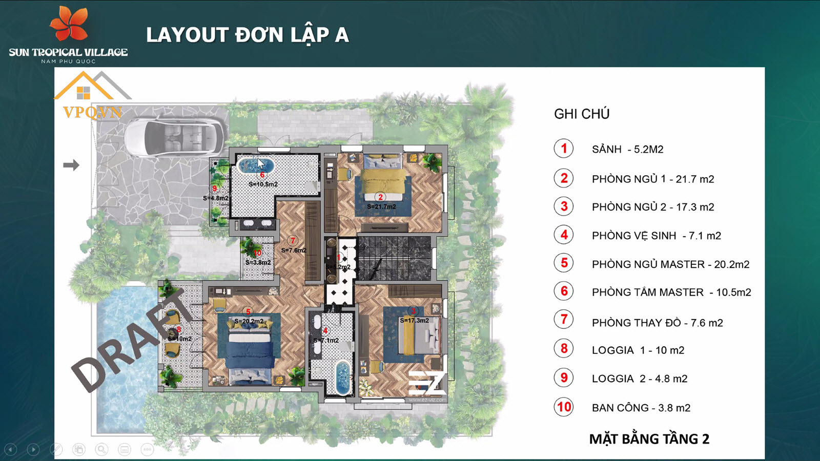 Layout tầng 2 biệt thự làng nhiệt đới Sun Tropical Village - Đơn lập A