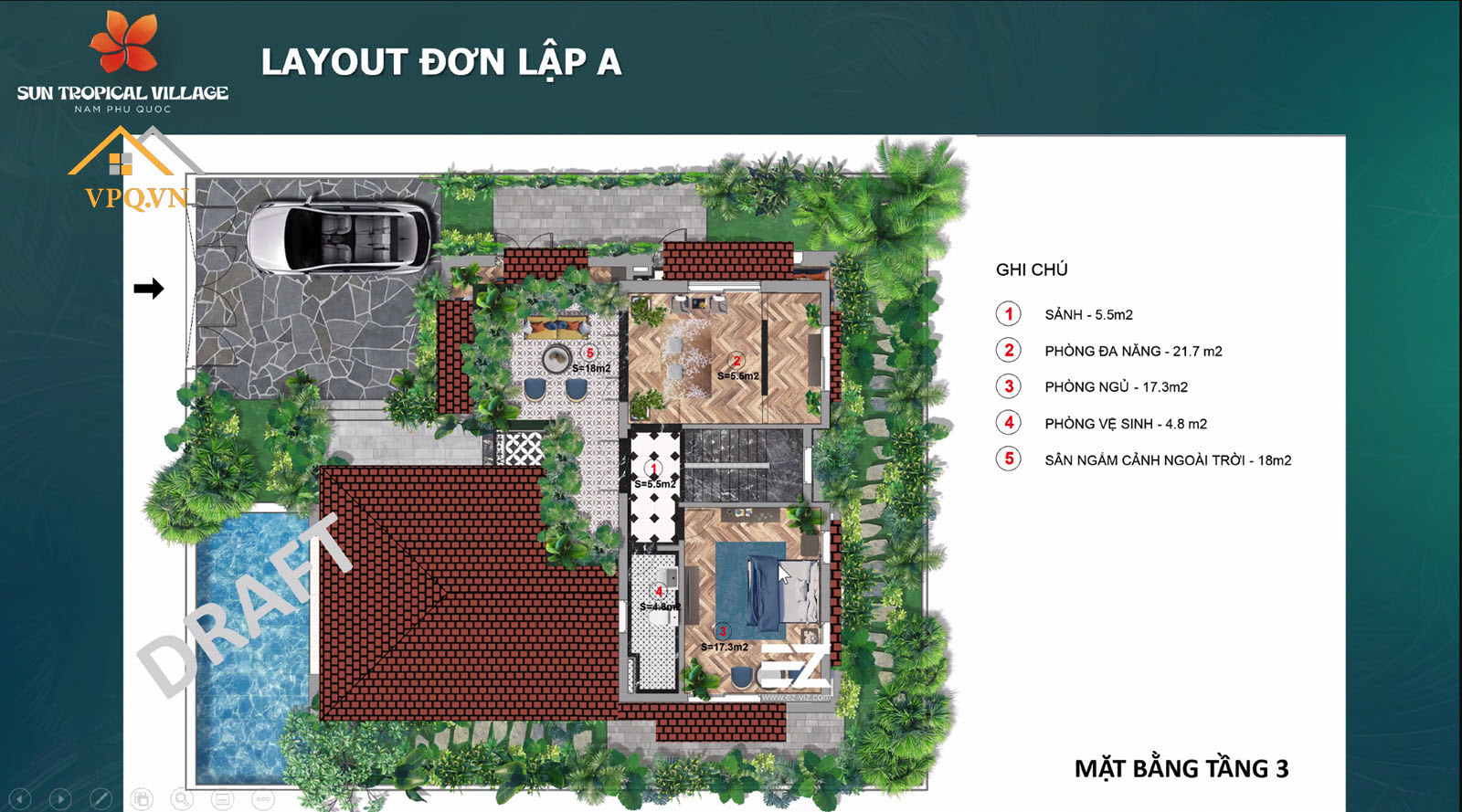 Layout tầng 3 biệt thự làng nhiệt đới Sun Tropical Village - Đơn lập A
