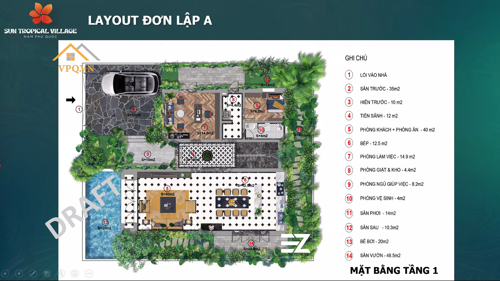 Layout tầng 1 biệt thự làng nhiệt đới Sun Tropical Village - Đơn lập A
