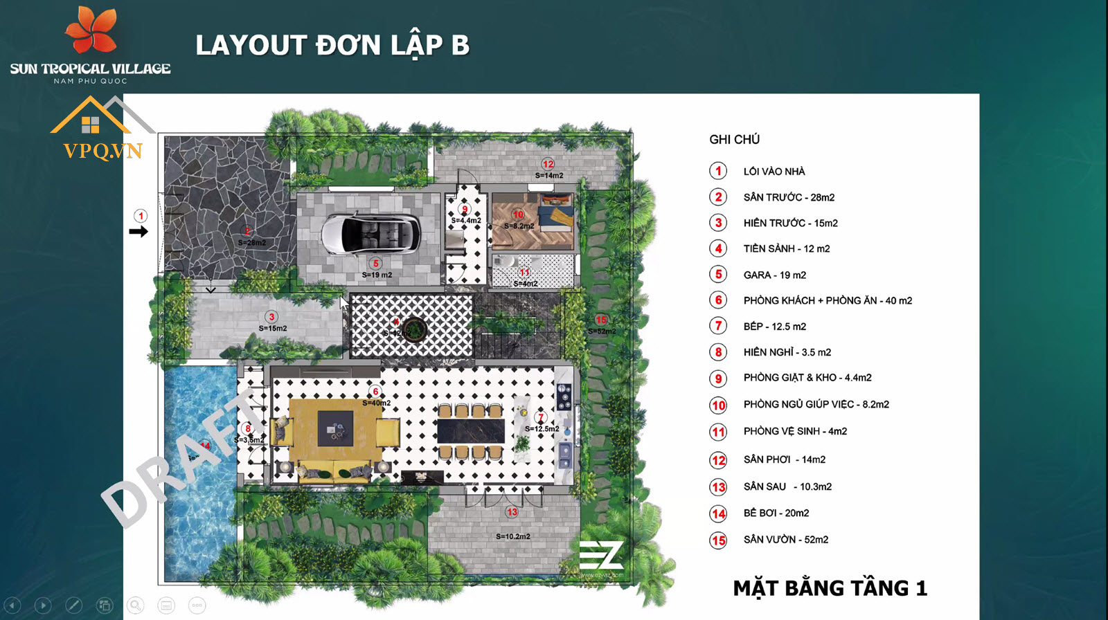 Layout tầng 1 biệt thự làng nhiệt đới Sun Tropical Village - Đơn lập B