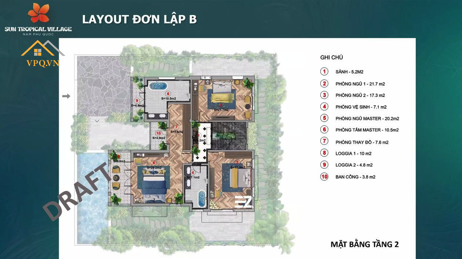 Layout tầng 2 biệt thự làng nhiệt đới Sun Tropical Village - Đơn lập B