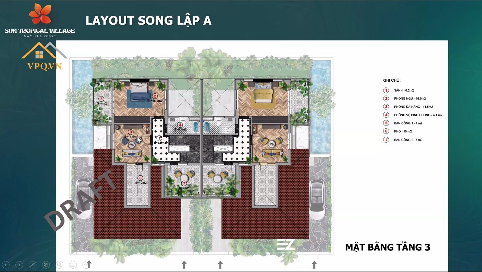 Layout tầng 3 biệt thự làng nhiệt đới Sun Tropical Village - Song lập A