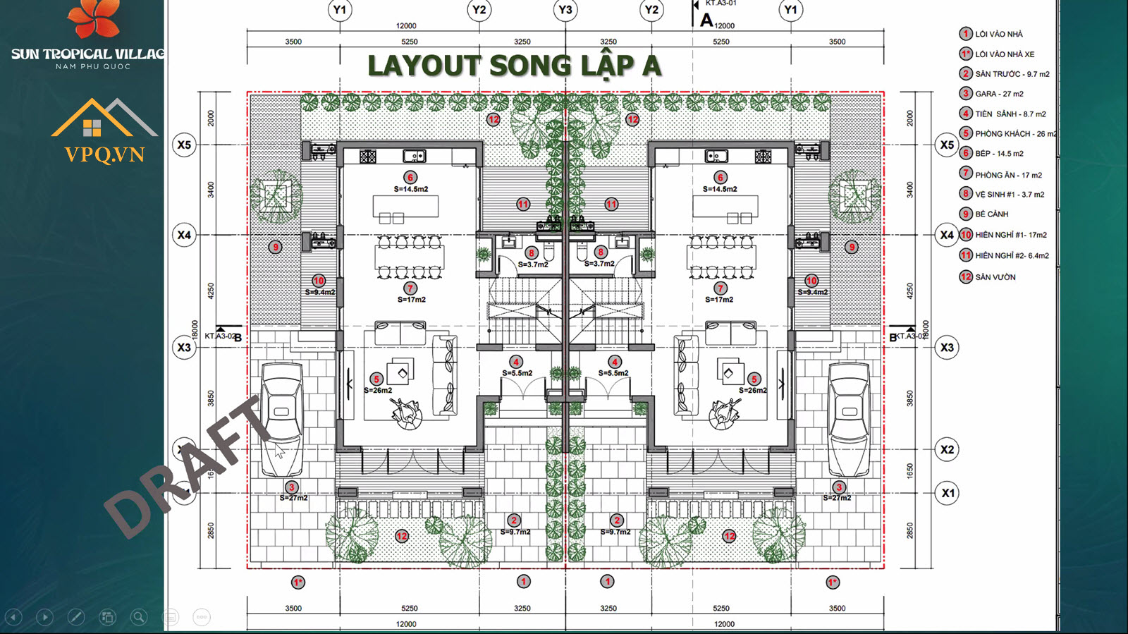 Layout tầng 1 biệt thự làng nhiệt đới Sun Tropical Village - Song lập A