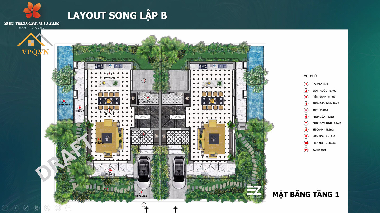 Layout tầng 1 biệt thự làng nhiệt đới Sun Tropical Village - Song lập B