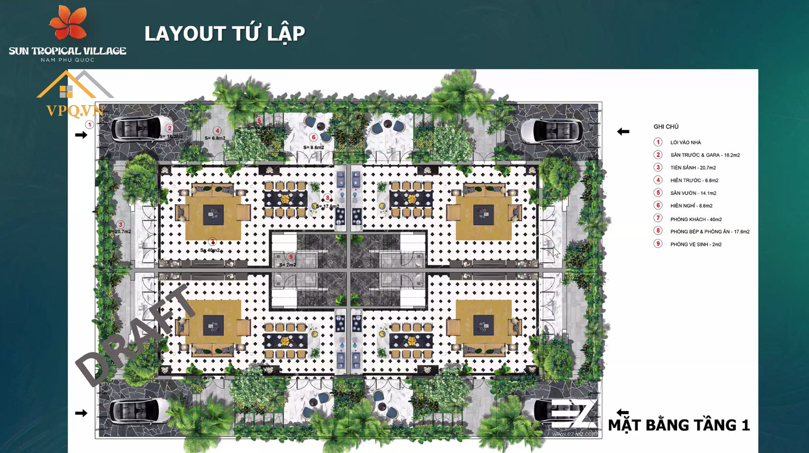 Layout tầng 1 biệt thự làng nhiệt đới Sun Tropical Village - Tứ lập