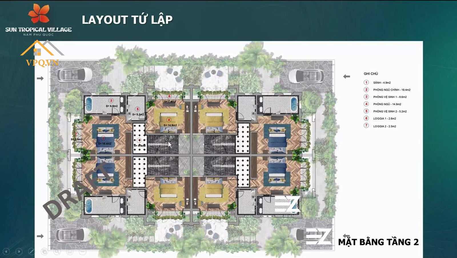 Layout tầng 2 biệt thự làng nhiệt đới Sun Tropical Village - Tứ lập