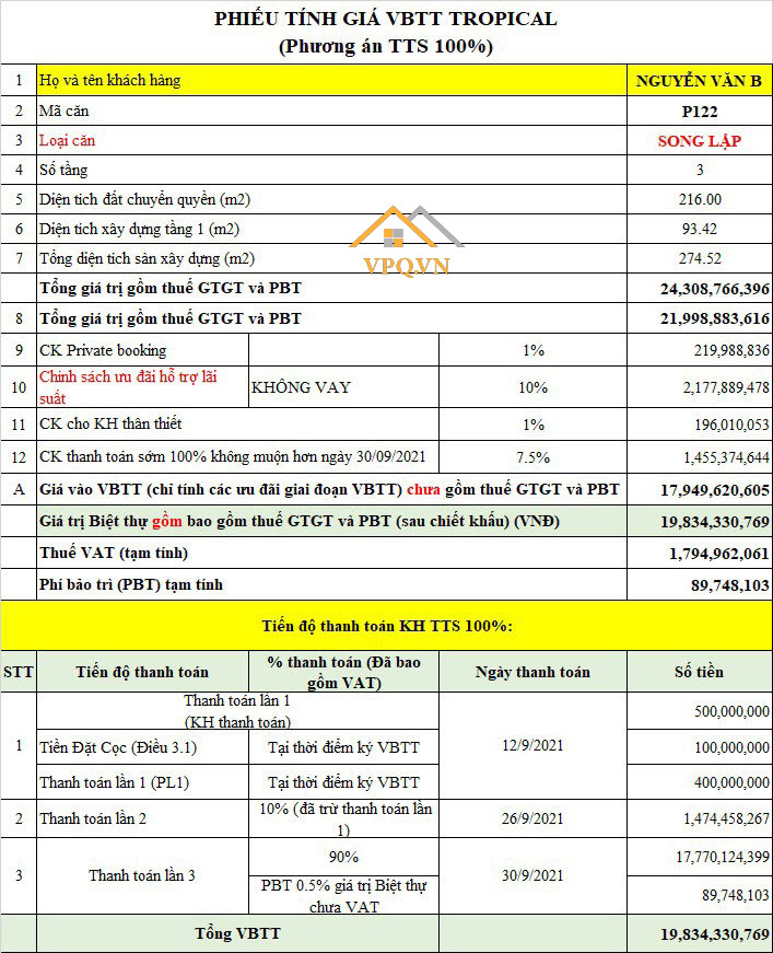 Phiếu tính giá P122 khi khách hàng thanh toán sớm 100% giá trị biệt thự